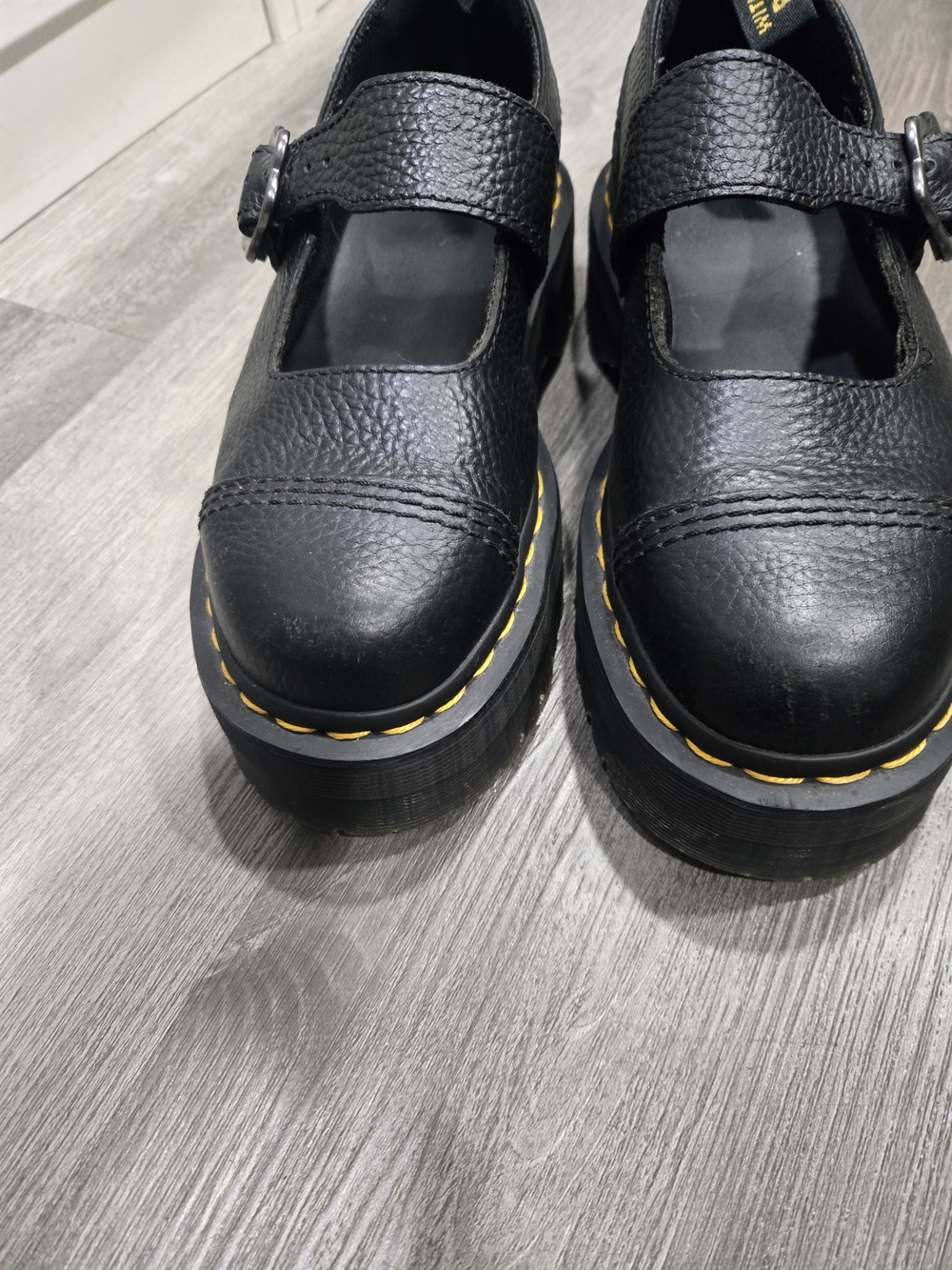 Dr. Martens Black Kids Mary Jane Platform Shoes with Yellow Stitching